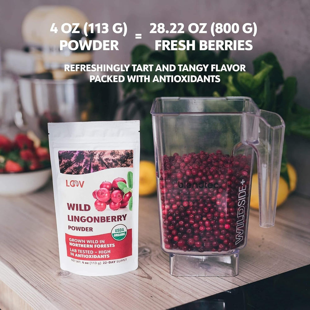 Poudre de myrtille bio LOOV, composée à 100% de myrtilles sauvages entières lyophilisées récoltées dans les forêts du nord de l'Europe, 113g, sans sucre ajouté Naty Shop Produits Déshydratés