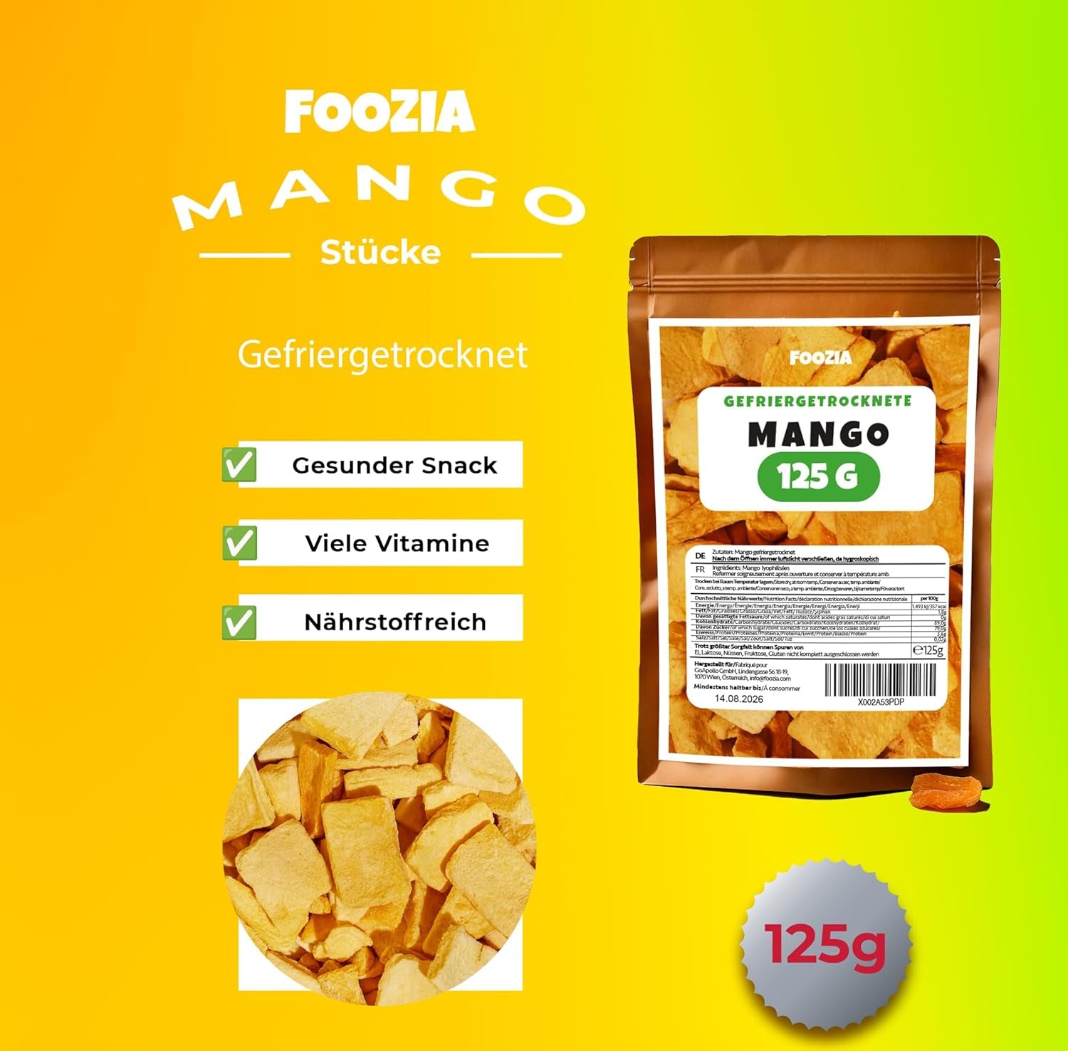 Mangue lyophilisée gros morceaux Fruits lyophilisés Sans additifs Mangue 100% pure naturelle Mangue lyophilisée Fruits secs Mangue séchée 125g de Foozia (125g) Produits déshydratés Naty Shop