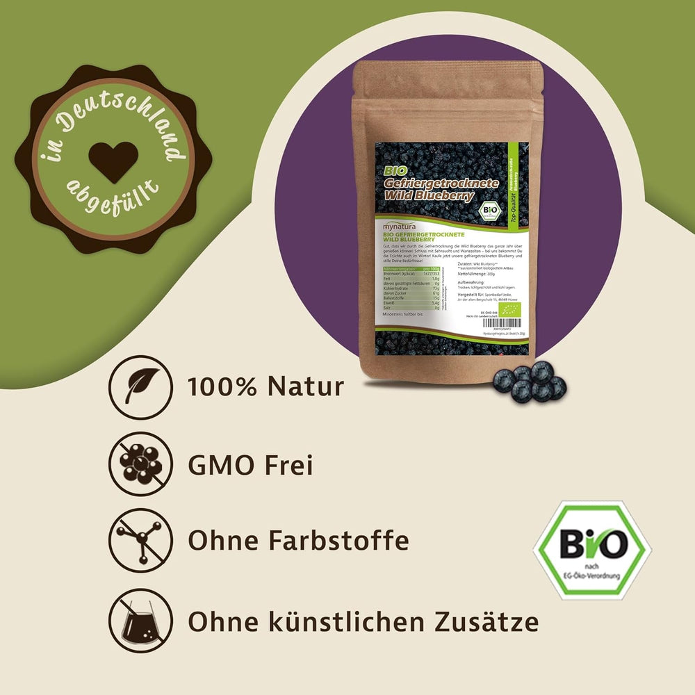 Mynatura Myrtilles sauvages lyophilisées bio I Myrtilles I Fruits I Baies I Produit naturel I Qualité Bio I Sachet (1x 200g) Produits déshydratés Naty Shop