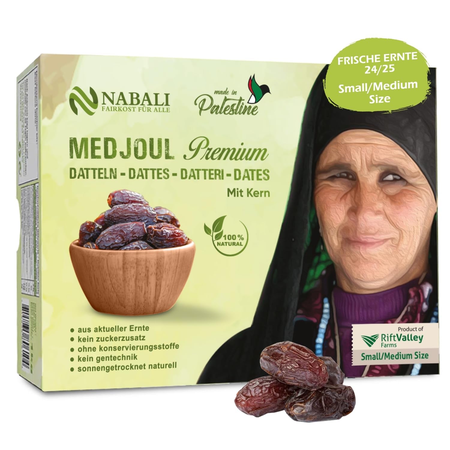 NABALI FAIRKOST FOR ALL Dattes Medjool Medjoul de Palestine - 100% naturel vegan aromatique traditionnel frais et oriental I sans conservateurs 5 kg (1 paquet), Petit/Moyen Produits déshydratés Naty Shop 1 kg (1 paquet), Petit/Moyen