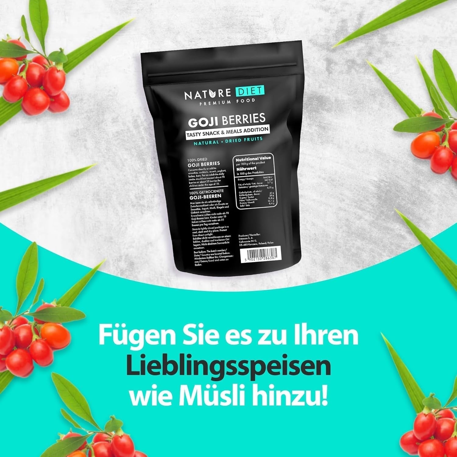 Nature Diet - Baies de Goji 1000 g | Baies séchées | Snack santé Naty Shop produits déshydratés