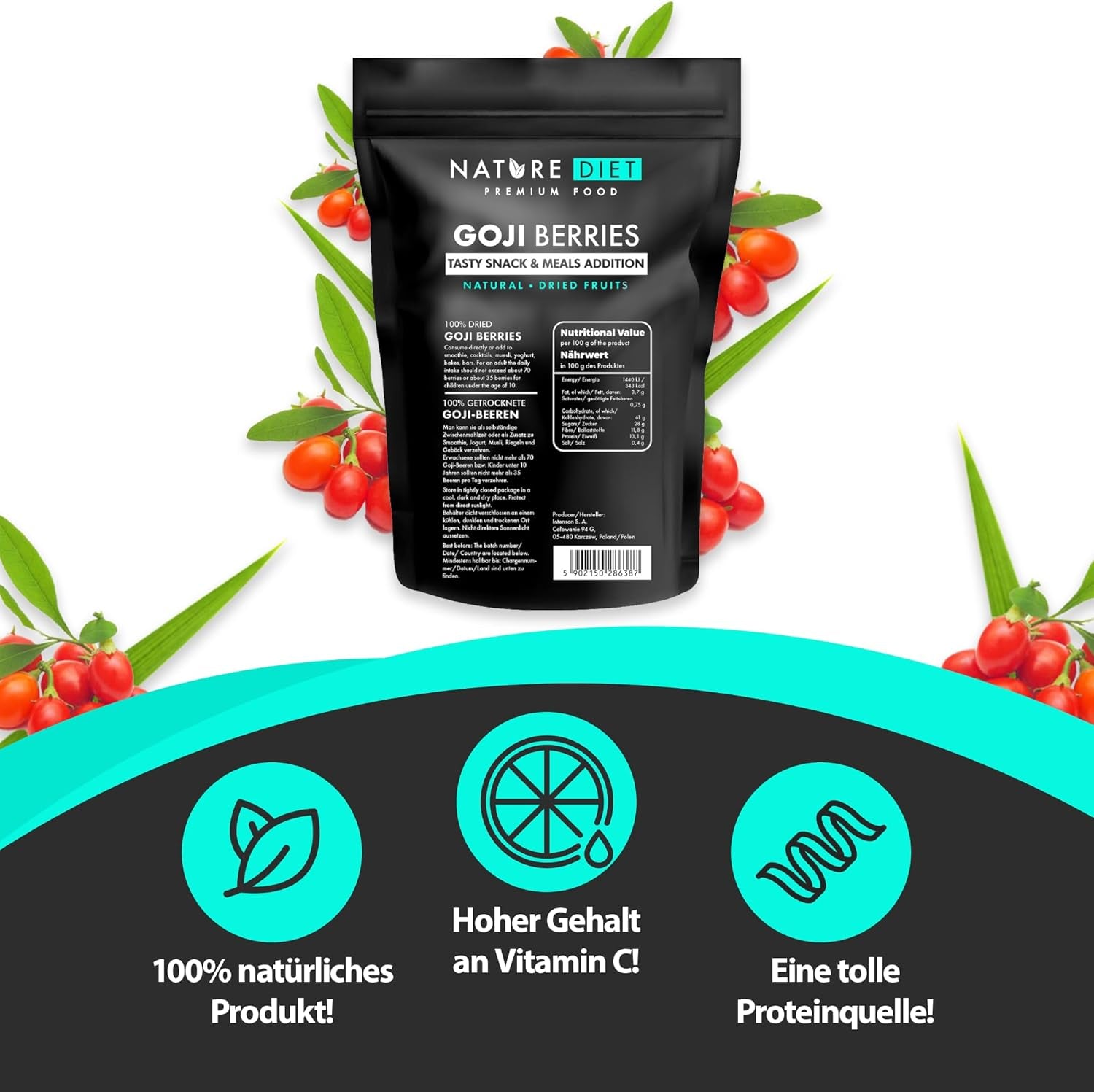 Nature Diet - Baies de Goji 1000 g | Baies séchées | Snack santé Naty Shop produits déshydratés