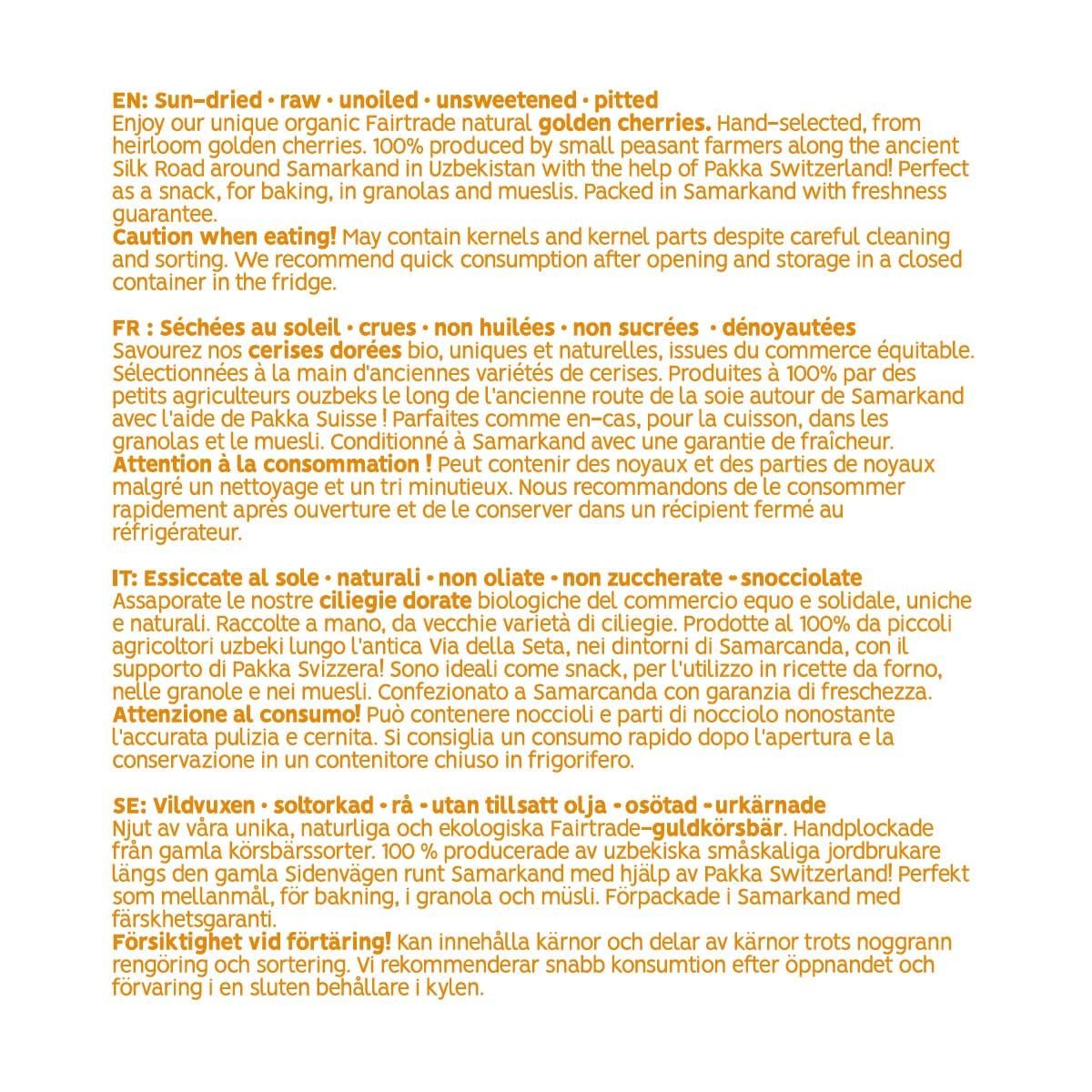 PAKKA - Cireșe de aur uscate la soare Organic Fairtrade 500g, cireșe galbene colectate sălbatice, neulei, neîndulcite, direct de la micii fermieri din Samarkand, Uzbekistan, vegan, 500g (1 pachet) Produse deshidratate Naty Shop