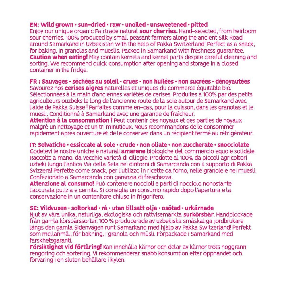 PAKKA - Cerises biologiques séchées au soleil du commerce équitable 750 g, Cerises biologiques récoltées à l'état sauvage, non sucrées, non sucrées provenant directement de petits agriculteurs de Samarkand, Ouzbékistan, végétaliennes, 750 g Naty Shop Produits déshydratés