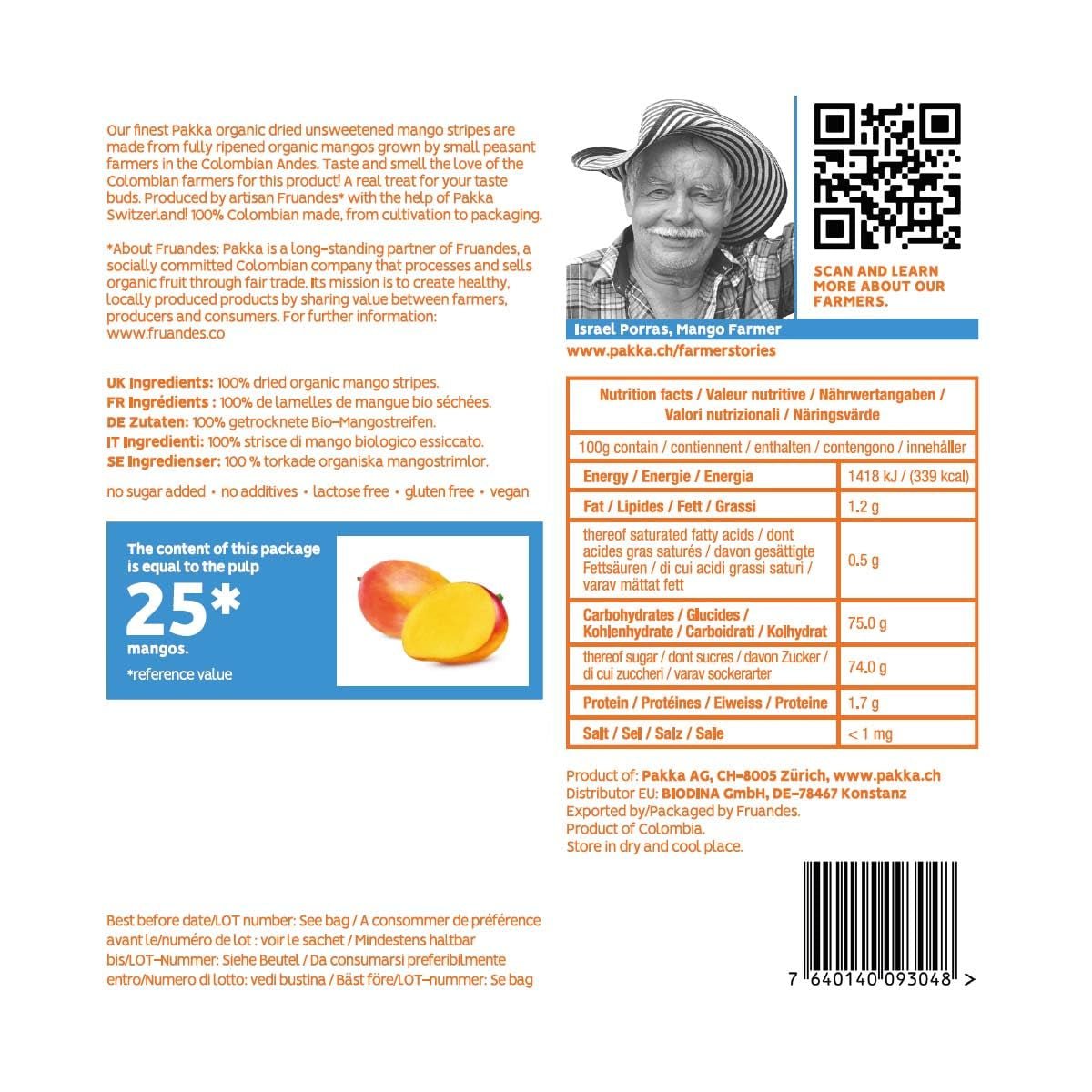 Mangues bio équitables PAKKA 1kg, morceaux de mangues séchées bio et équitables, non sucrées, non sulfurées, produites et conditionnées directement par le producteur en Colombie, vegan 1kg (1 paquet) Produits déshydratés Naty Shop