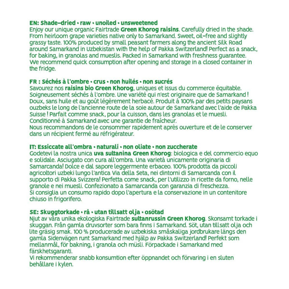 PAKKA - Raisins secs verts Khorog biologiques et équitables 750 g, biologiques et équitables, sans pépins, séchés à l'ombre, sans huile, si collants, directement des petits agriculteurs de Samarkand en Ouzbékistan, végétaliens, 750 g Naty Shop Produits déshydratés