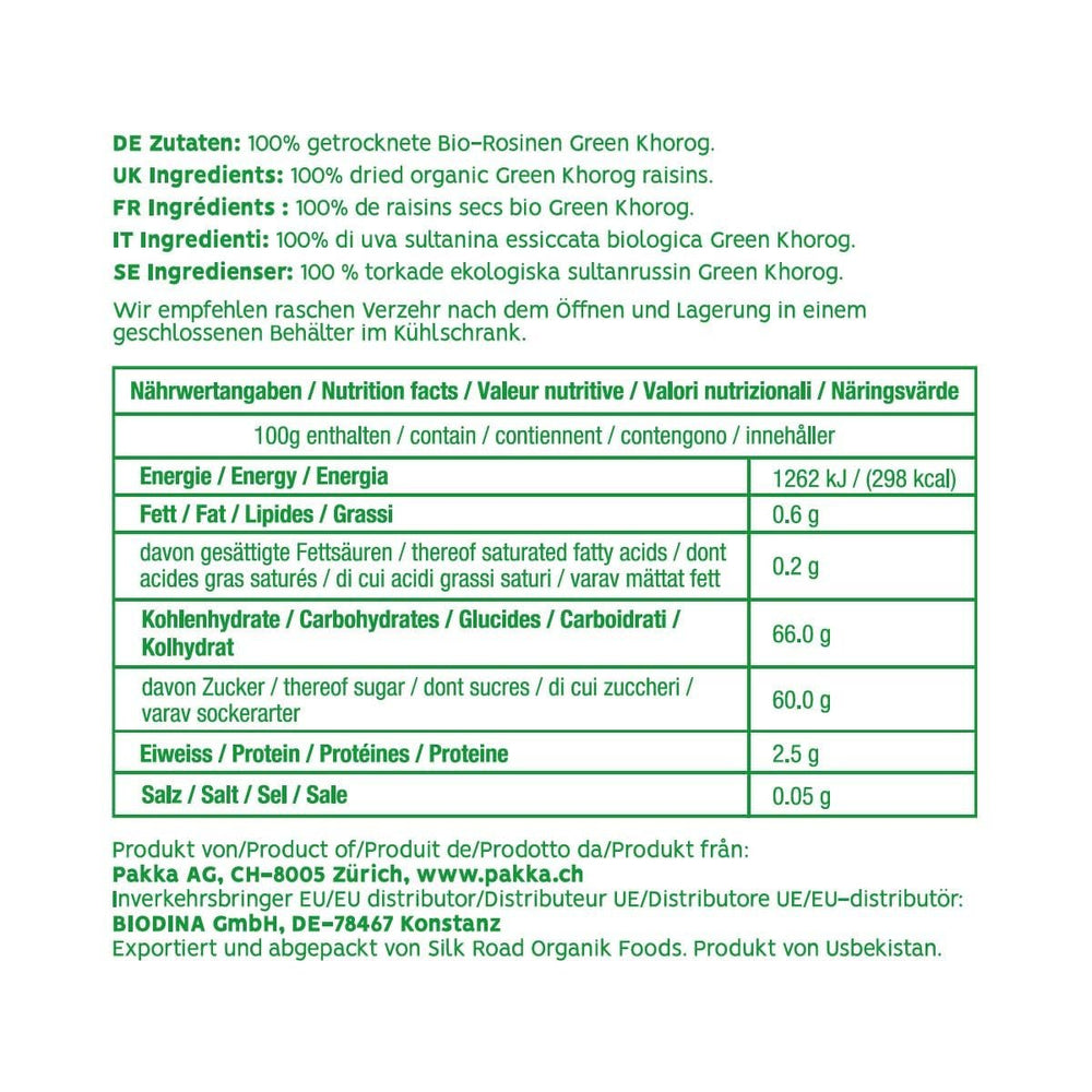 PAKKA - Raisins secs verts Khorog biologiques et équitables 750 g, biologiques et équitables, sans pépins, séchés à l'ombre, sans huile, si collants, directement des petits agriculteurs de Samarkand en Ouzbékistan, végétaliens, 750 g Naty Shop Produits déshydratés