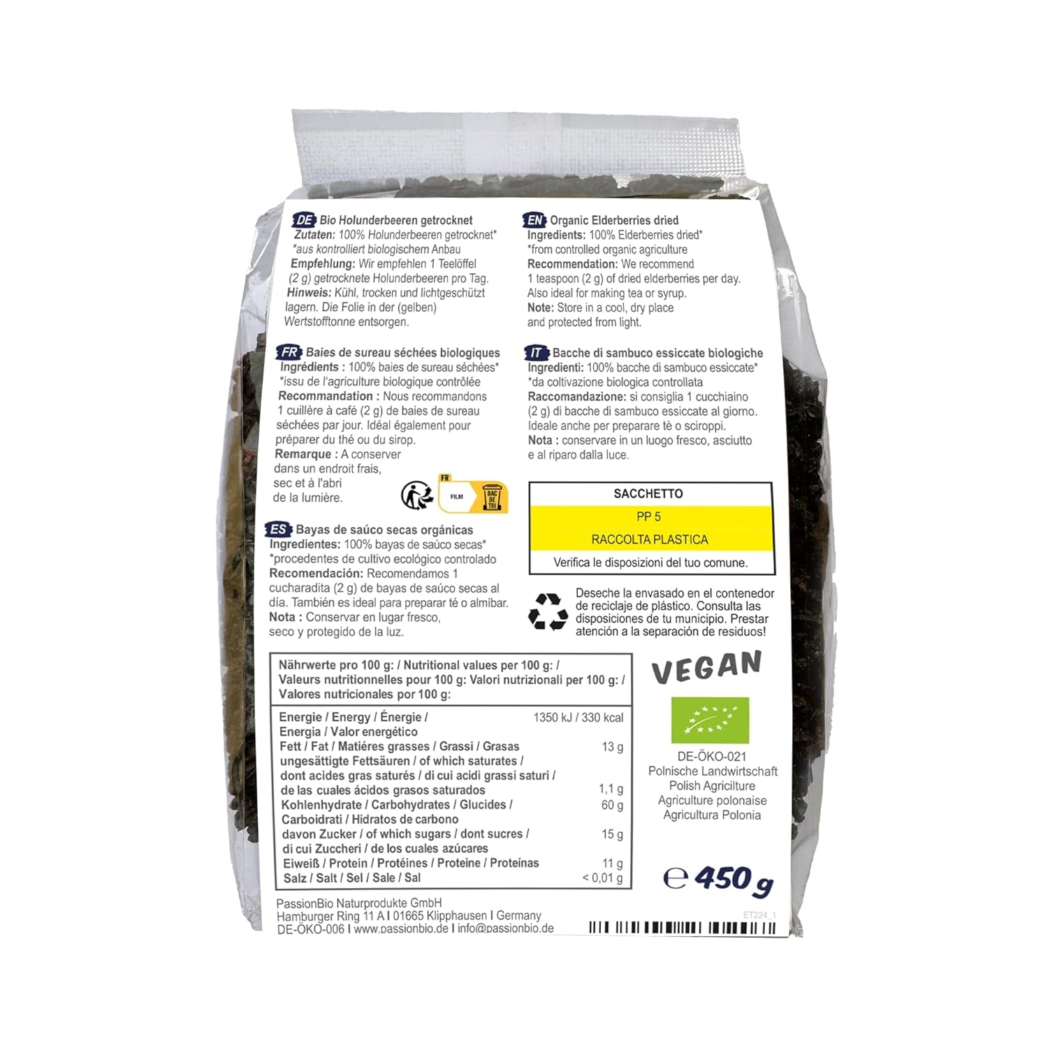 PassionBio Baies de Sureau Séchées Bio 450g - Sureau Noir pour Thé et Sirop - Vegan, Sans Conservateurs, Sans Sucre Ajouté (selon la Loi) Produits Déshydratés Naty Shop