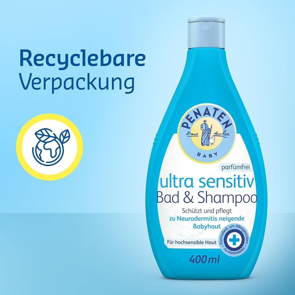 PENATEN Ultra Sensitive Bath & Shampoo (400 ml), baie și șampon pentru bebeluși deosebit de blând pentru pielea foarte sensibilă a bebelușilor predispuși la neurodermatită, gel de duș și șampon de păr fără parfum și coloranți Copii - Baie si Skincare Naty Shop