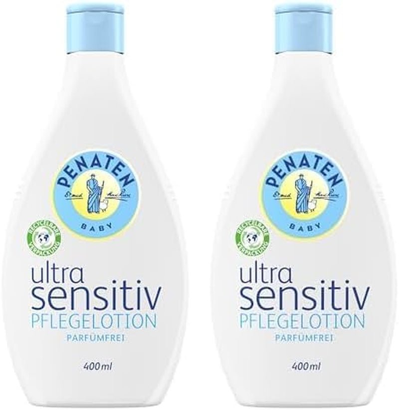 PENATEN Crème de Soin Ultra Sensible Visage & Corps (100ml) crème visage et corps pour bébé sans parfum, crème hydratante protectrice et nourrissante pour la peau très sensible des bébés sujets aux névrodermites Enfants - Bain et Soin Naty Shop 400 Ml (pack de 2) Lotion de soin ultra-sensible