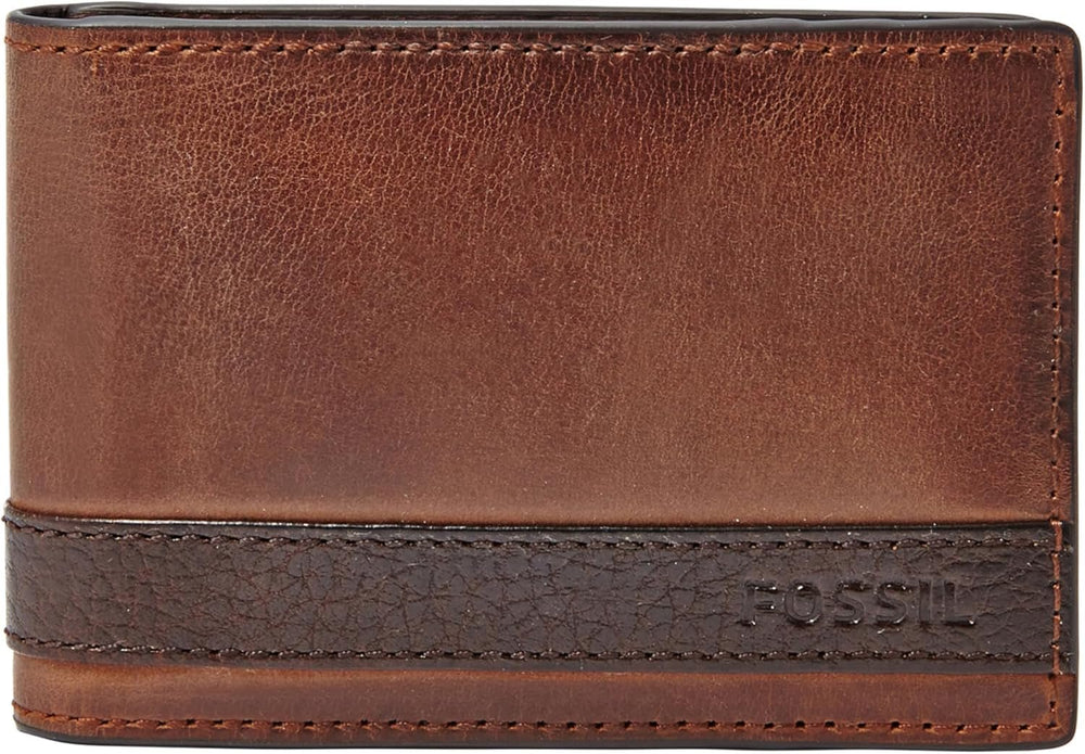 Portefeuille à deux volets en cuir Fossil Quinn pour hommes 10 cm L x 1,5 cm l x 7 cm H Portefeuille pour hommes Naty Shop marron