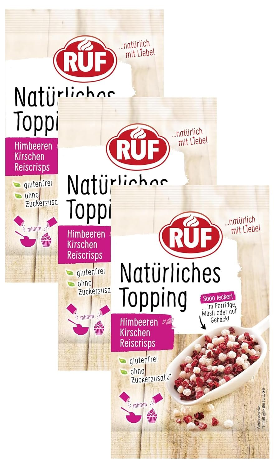 RUF Garniture naturelle aux framboises, cerises, chips de riz, sans additifs artificiels, mélange de fruits pour bouillies et pâtisseries, sans gluten, végétalien, 15 g (paquet de 3) Naty Shop Produits déshydratés 15 g (paquet de 3) Fruits