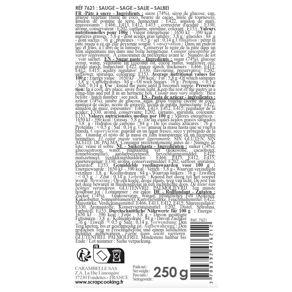 ScrapCooking - Pâte à Sucre Vert Sauge 250g - Colorant d'Origine Naturelle - Sans Gluten, Sans Huile de Palme - Pour Gâteaux, Pâtisseries Anniversaire - Vert Pastel - Fabrikie en France - 7621 Pâte à sucre Naty Shop