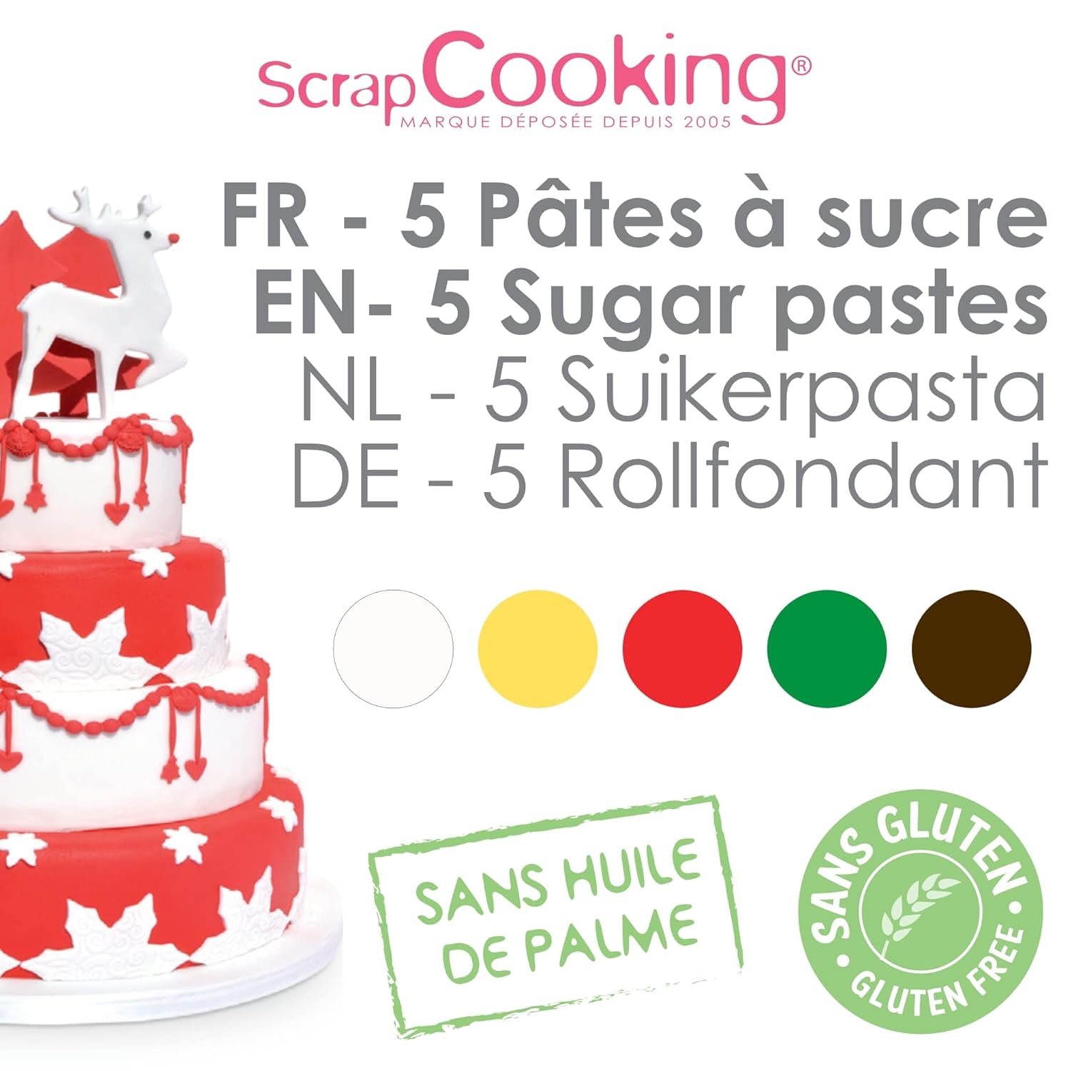 ScrapCooking - Lot de 5 Fondants - blanc, jaune, rouge, vert et marron - 5 x 80g - pâte à sucre pour gâteaux Décorations de gâteaux Anniversaire Noël - sans gluten et sans huile de palme - 7257 Naty Shop Sugarpaste