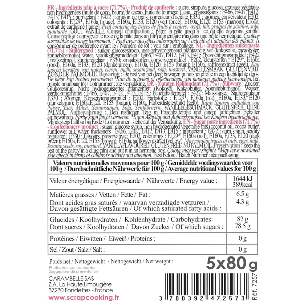 ScrapCooking - Lot de 5 Fondants - blanc, jaune, rouge, vert et marron - 5 x 80g - pâte à sucre pour gâteaux Décorations de gâteaux Anniversaire Noël - sans gluten et sans huile de palme - 7257 Naty Shop Sugarpaste