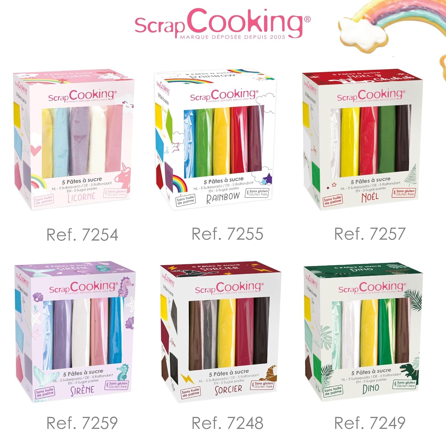 ScrapCooking - Lot de 5 Fondants - blanc, jaune, rouge, vert et marron - 5 x 80g - pâte à sucre pour gâteaux Décorations de gâteaux Anniversaire Noël - sans gluten et sans huile de palme - 7257 Naty Shop Sugarpaste