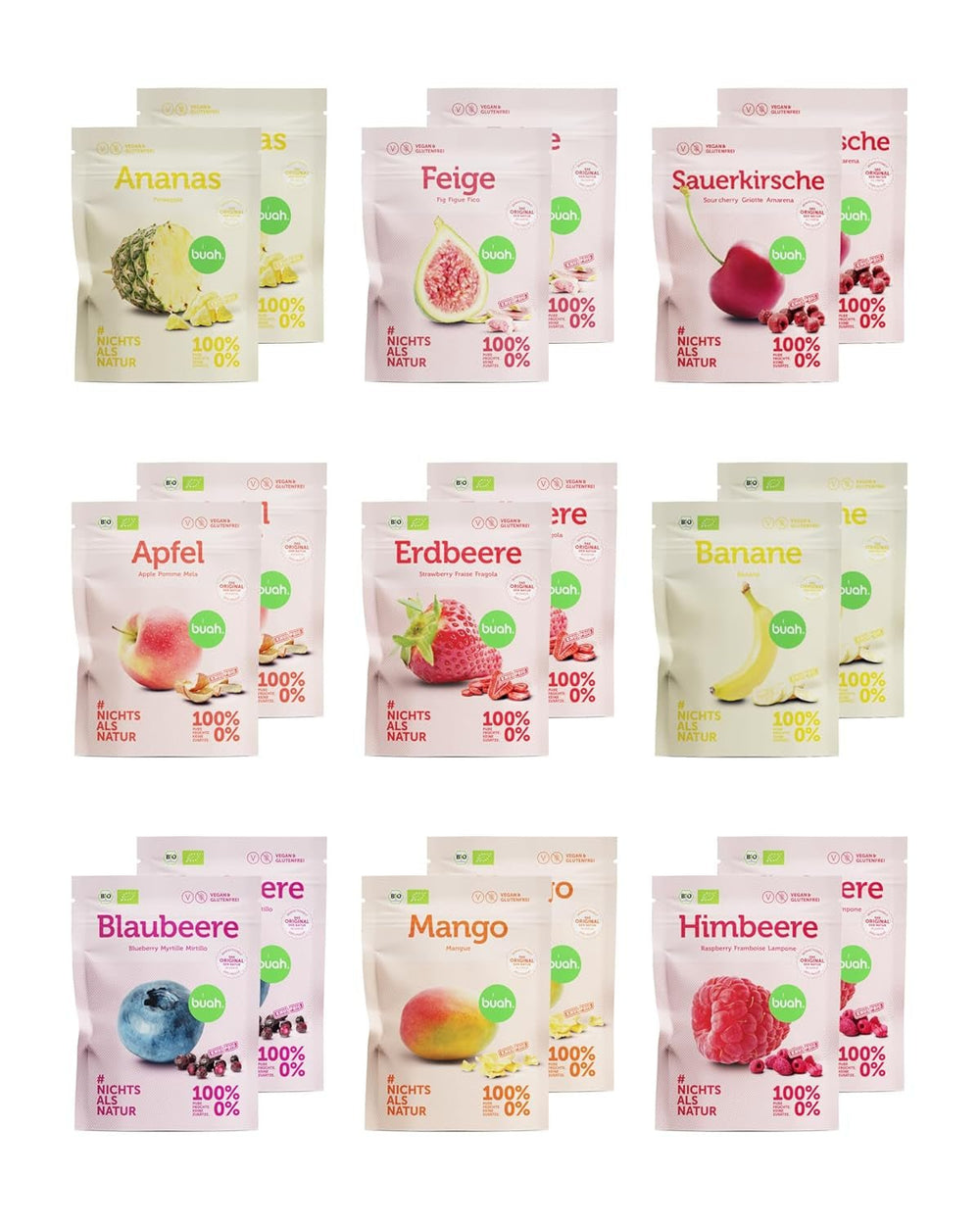 Coffret de dégustation de fruits lyophilisés BUAH® | Snack parfait composé de chips de fruits croustillantes | Bonbons alternatifs sans sucre ajouté, toppings pour porridge | Produits Déshydratés Vegan Sans Gluten Naty Shop Pack de 18
