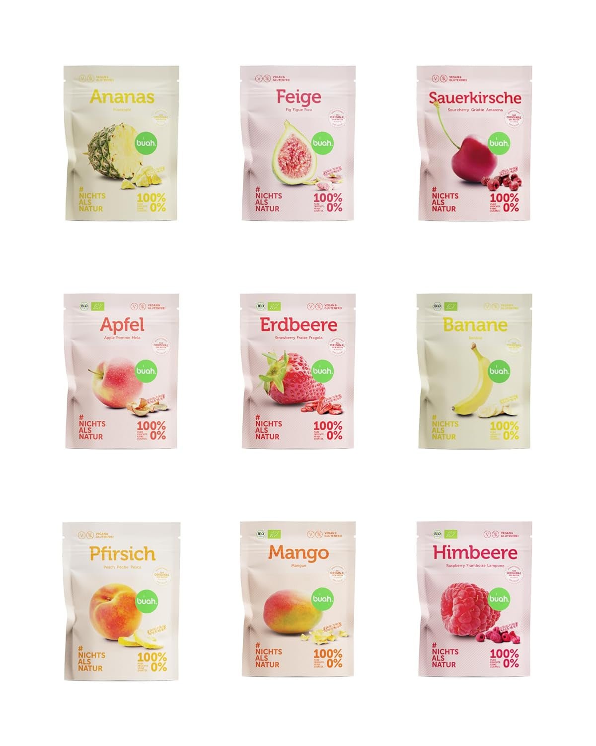 Coffret de dégustation de fruits lyophilisés BUAH® | Snack parfait composé de chips de fruits croustillantes | Bonbons alternatifs sans sucre ajouté, toppings pour porridge | Produits déshydratés végétaliens sans gluten Naty Shop 9 Pack (Nouveau)