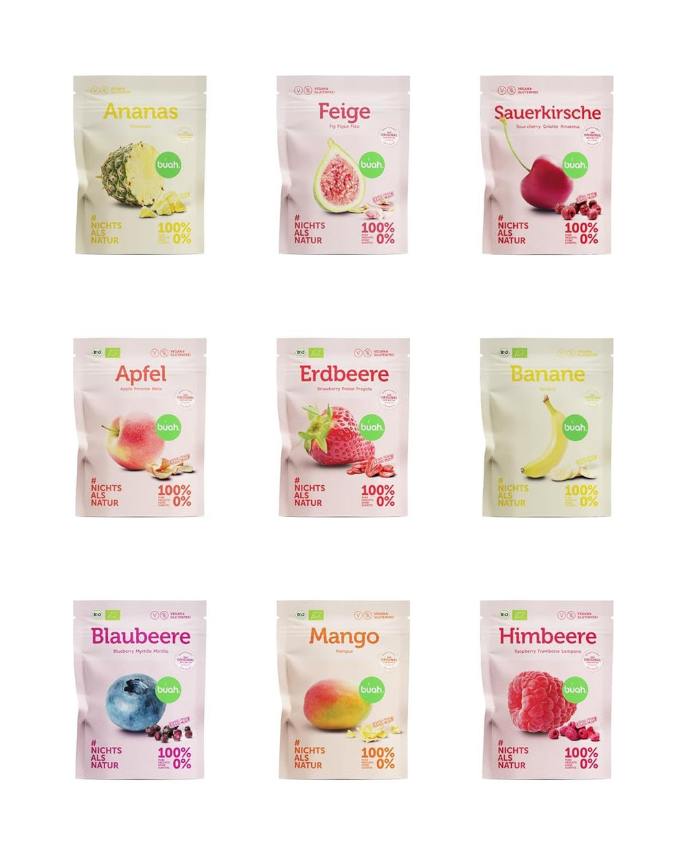 Coffret de dégustation de fruits lyophilisés BUAH® | Snack parfait composé de chips de fruits croustillantes | Bonbons alternatifs sans sucre ajouté, toppings pour porridge | Produits Déshydratés Vegan Sans Gluten Naty Shop Pack de 9