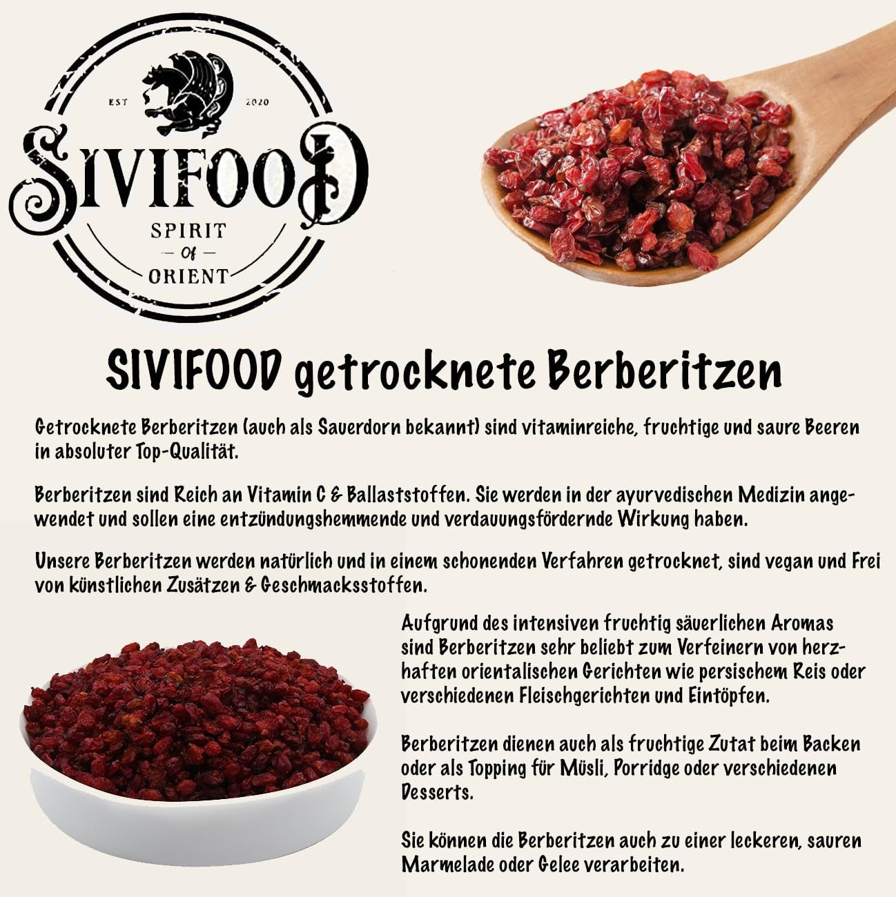 SIVIFOOD Barberries 200g - fruits de mûrier séchés de qualité alimentaire crue premium - épine-vinette végétalienne et naturelle faible en gras Zereshk épine-vinette Berberis fruits secs séchés barberries séchées Produits déshydratés Naty Shop