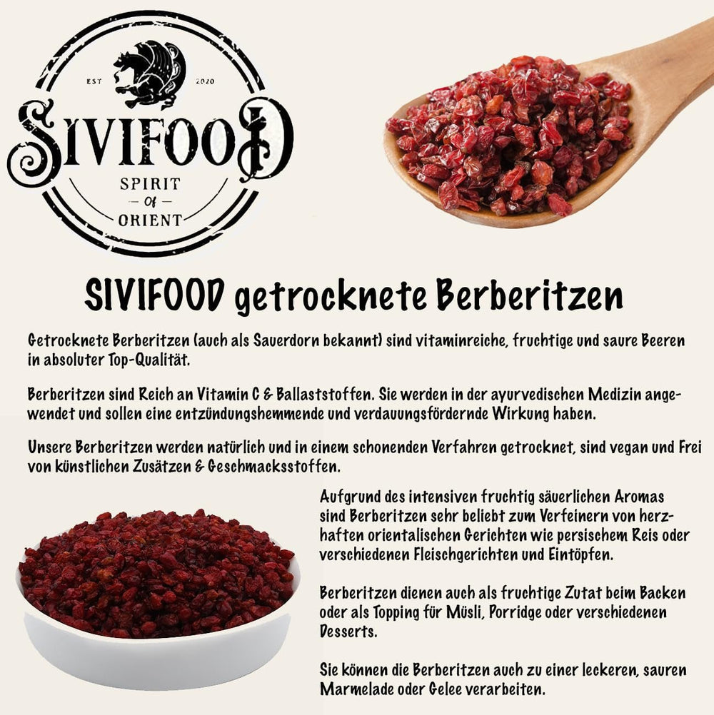 SIVIFOOD Barberries 200g - fruits de mûrier séchés de qualité alimentaire crue premium - épine-vinette végétalienne et naturelle faible en gras Zereshk épine-vinette Berberis fruits secs séchés barberries séchées Produits déshydratés Naty Shop