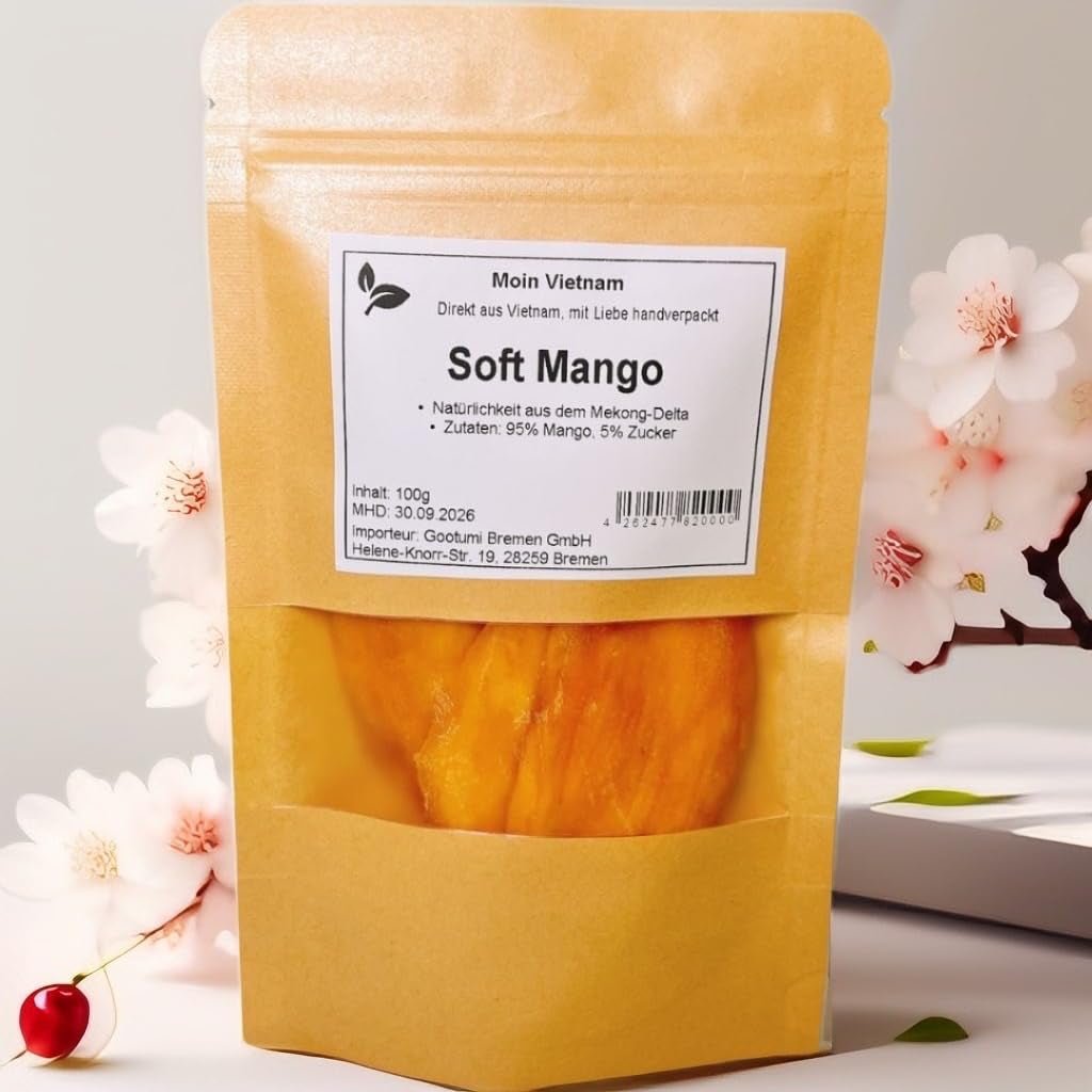 SOFT MANGO - Felii moi de mango uscat din Vietnam - Aromă fructată și exotică - Vitaminele Power A, C, E - Vegan - Punguță stand-up 100g Mango uscat Produse deshidratate Naty Shop