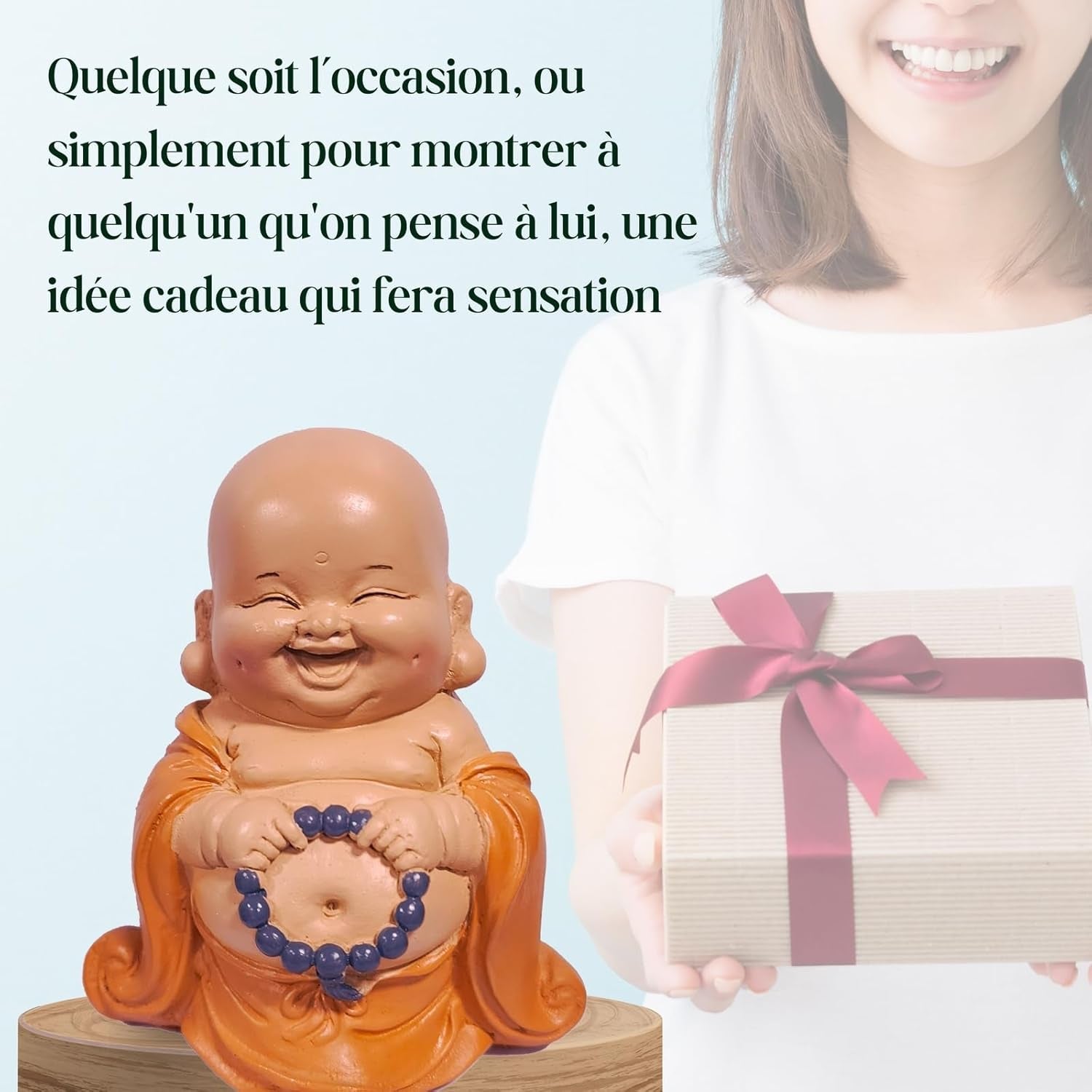 Statuetă Buddha râzând cu rozariu - Figurină inspirată și veselă - Talisman norocos plin de pozitivitate - Idee de cadou drăguță și spirituală - -H 10 cm - Zen'Light Statuete si sculpturi Naty Shop