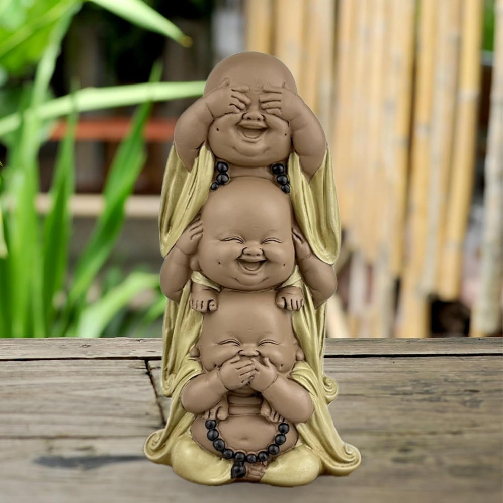 Statue 3 Bouddhas rieurs - Ne rien voir - Ne rien entendre - Ne rien dire - Bébé Bouddha Ensemble symbolique - Ambiance paisible et joyeuse - Déco Zen - H 18 cm - Zen'Light Statuettes et sculptures Naty Shop