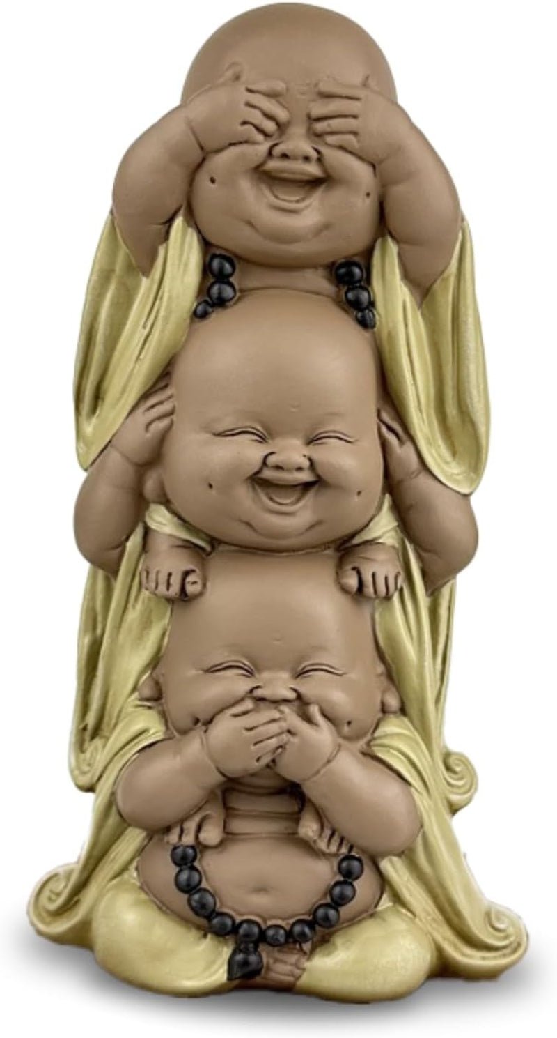 Statuie 3 Buddha râzând - Nu vezi nimic - Nu auzi nimic - Nu spui nimic - Baby Buddha Ansamblu simbolic - Stare de spirit pașnică și veselă - Decor Zen -H 18 cm - Zen'Light Statuete si sculpturi Naty Shop Maro Bej H 18