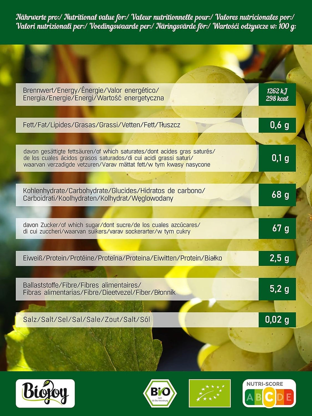 Raisins secs bio Biojoy (500 g), produits déshydratés Naty Shop séchés et non soufrés