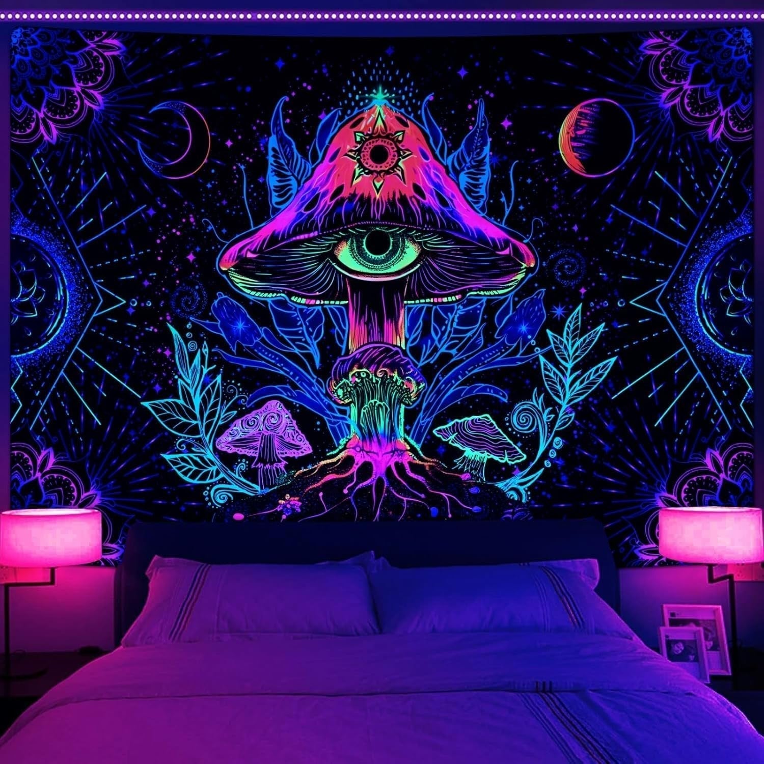 Tapisserie alishomtll champignon fluorescent lumière noire mandala Accueil - Accessoires et Décorations Naty Shop Multi 150L X 130B Cm