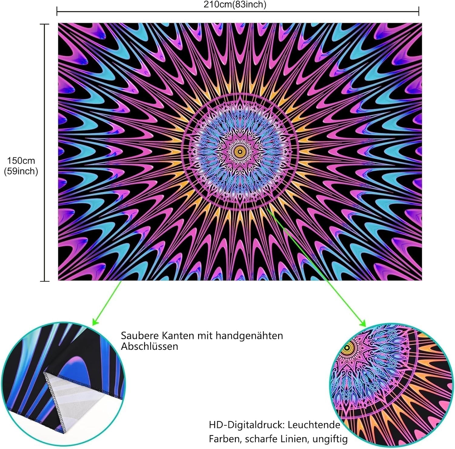 Tapisserie alishomtll mandala coloré black light art Accueil - Accessoires et Décorations Naty Shop