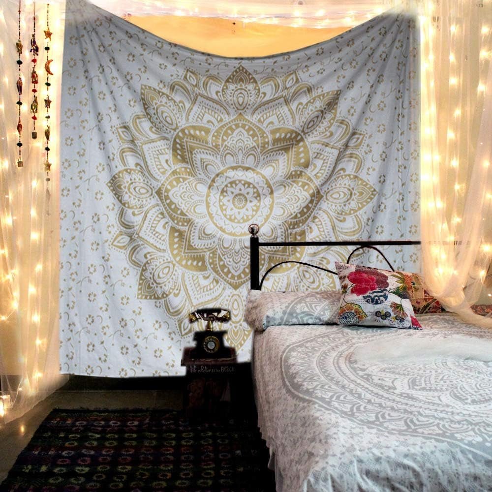 Tapisserie mandala métallisé doré jeté de plage indien en coton Casa - Accessoires et Décorations Naty Shop