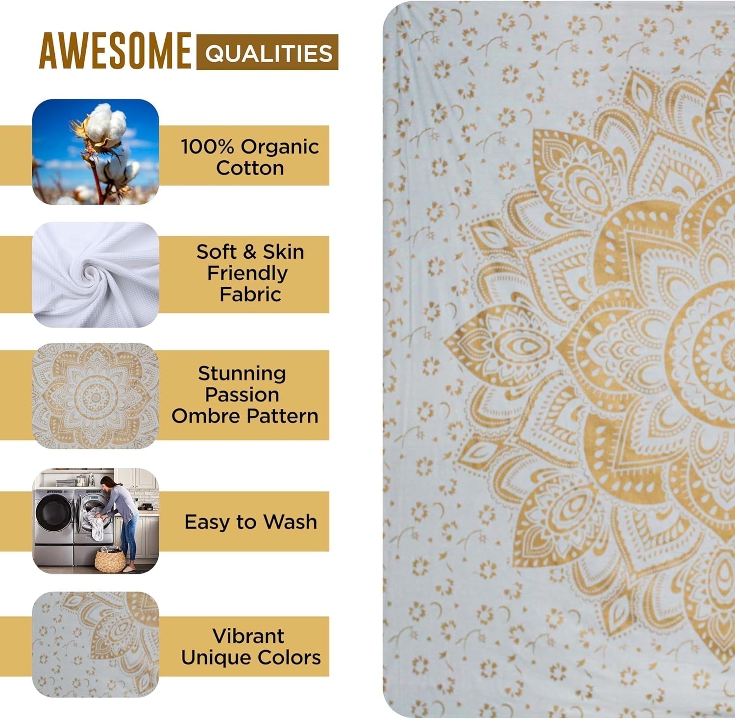 Tapisserie mandala métallisé doré jeté de plage indien en coton Casa - Accessoires et Décorations Naty Shop