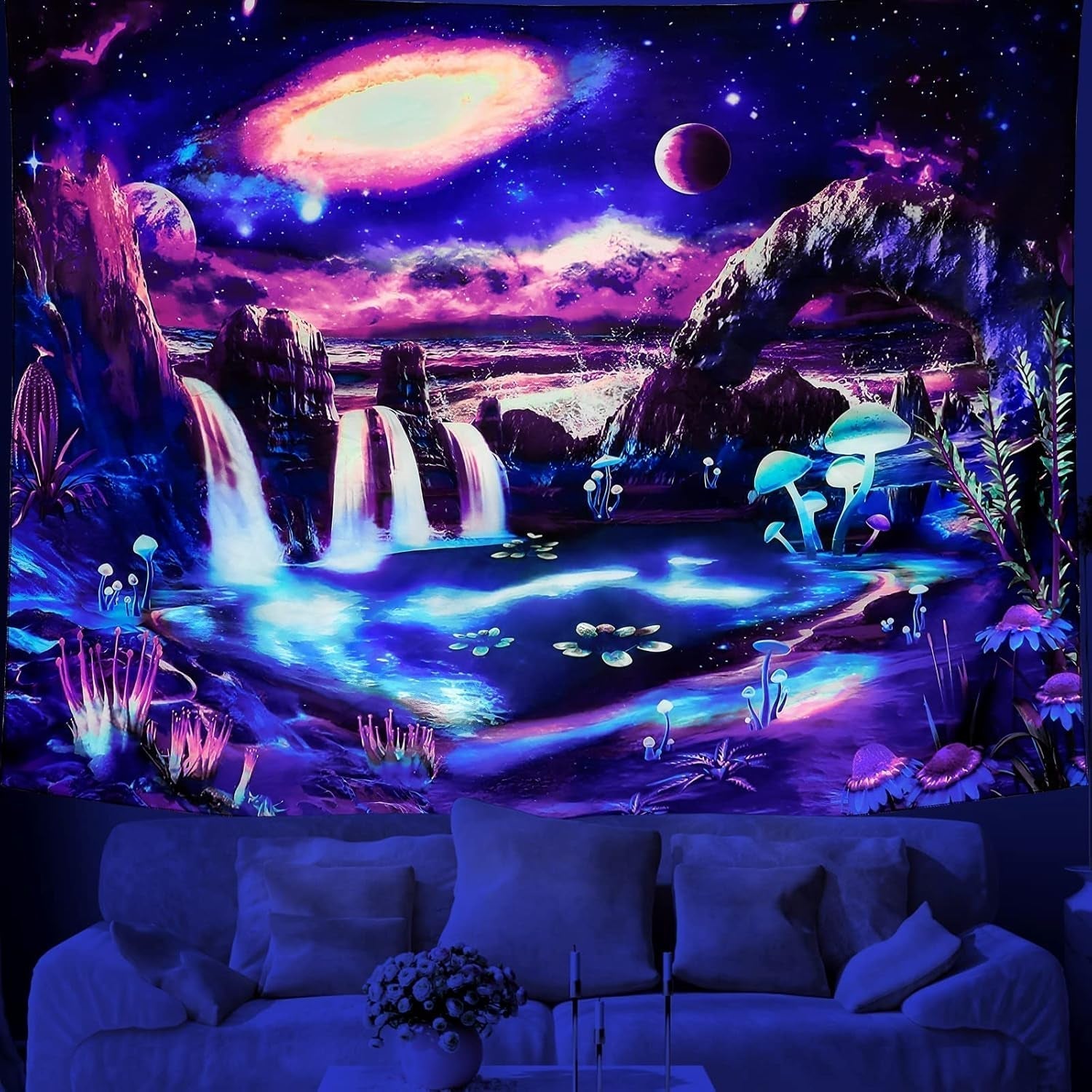 Tapisserie dremisland blacklight champignon psychédélique réactif galaxie mur Maison - Accessoires et Décorations Naty Shop Calea Lactee 150L X 130B Cm