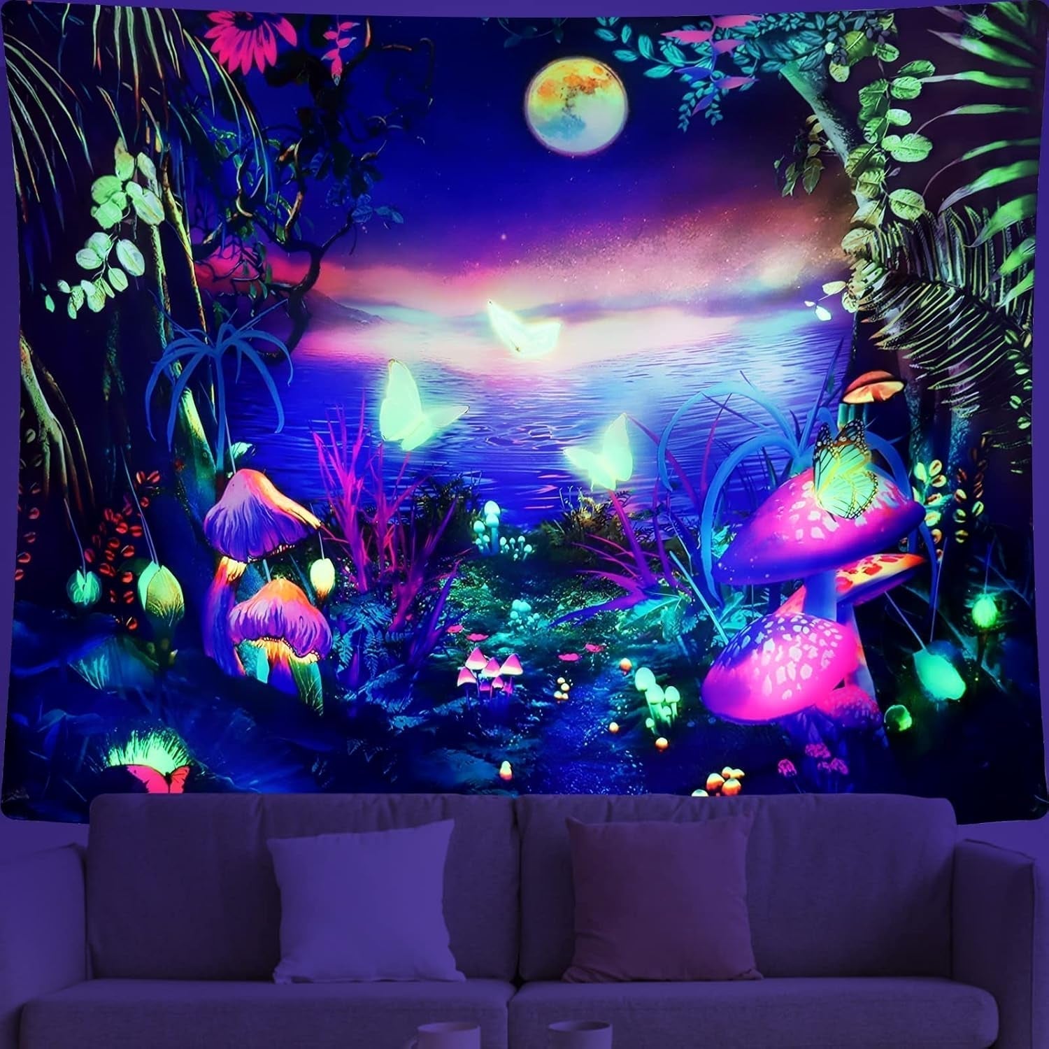 Tapisserie dremisland blacklight champignon psychédélique réactif galaxie mur Maison - Accessoires et Décorations Naty Shop Luna 150L X 130B Cm