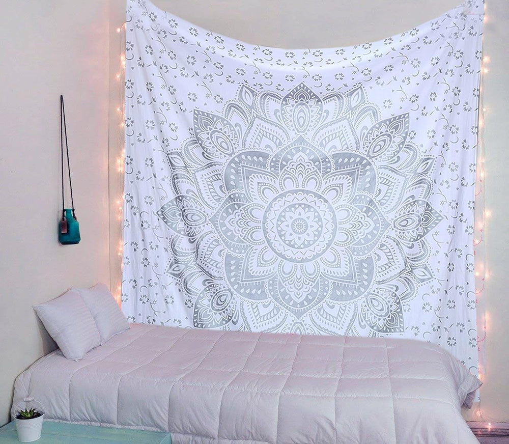 Tapiserie indiana mandala alb argintiu camera estetic panza Casa - Accesorii si Decoratiuni Naty Shop