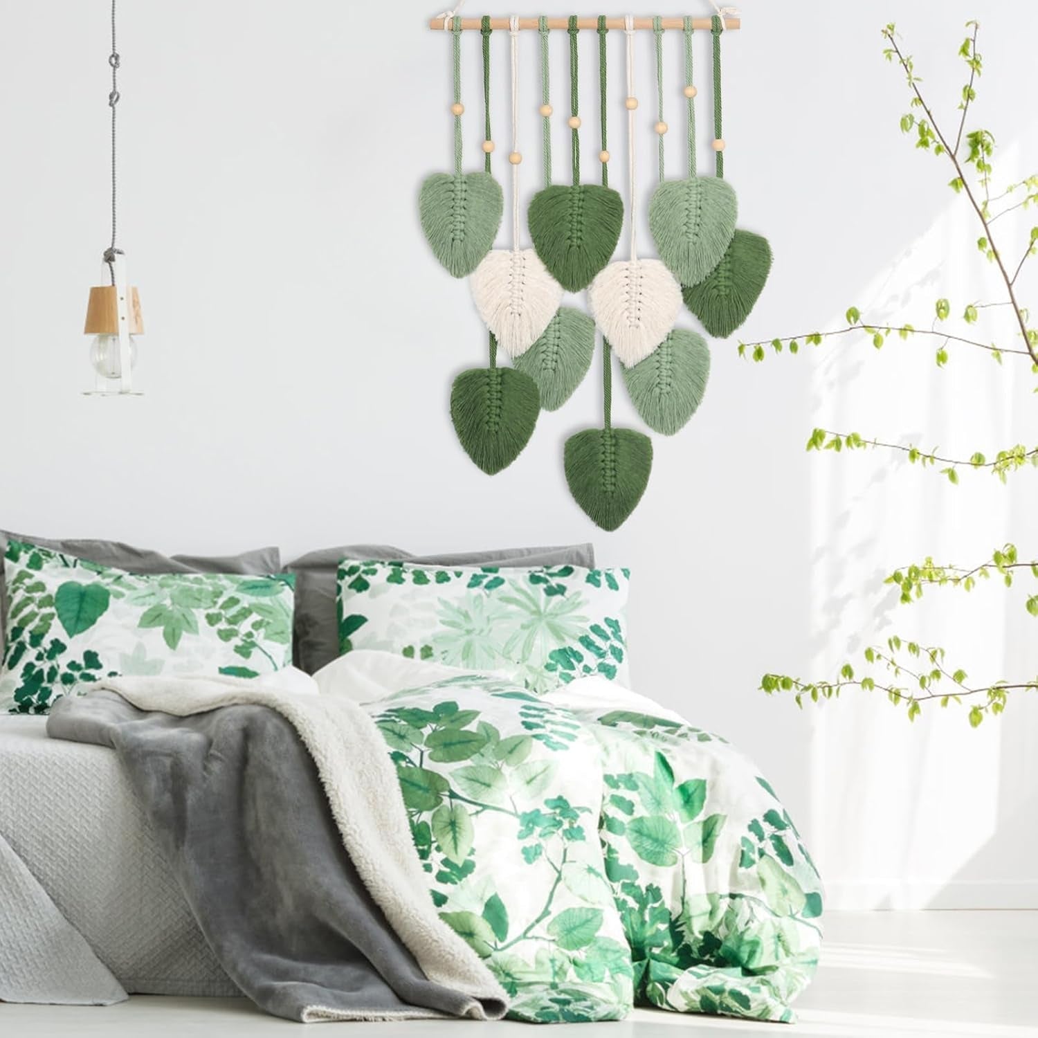 Tapisserie faite main avec perles en bois et feuilles vertes Casa - Accessoires et Décorations Naty Shop