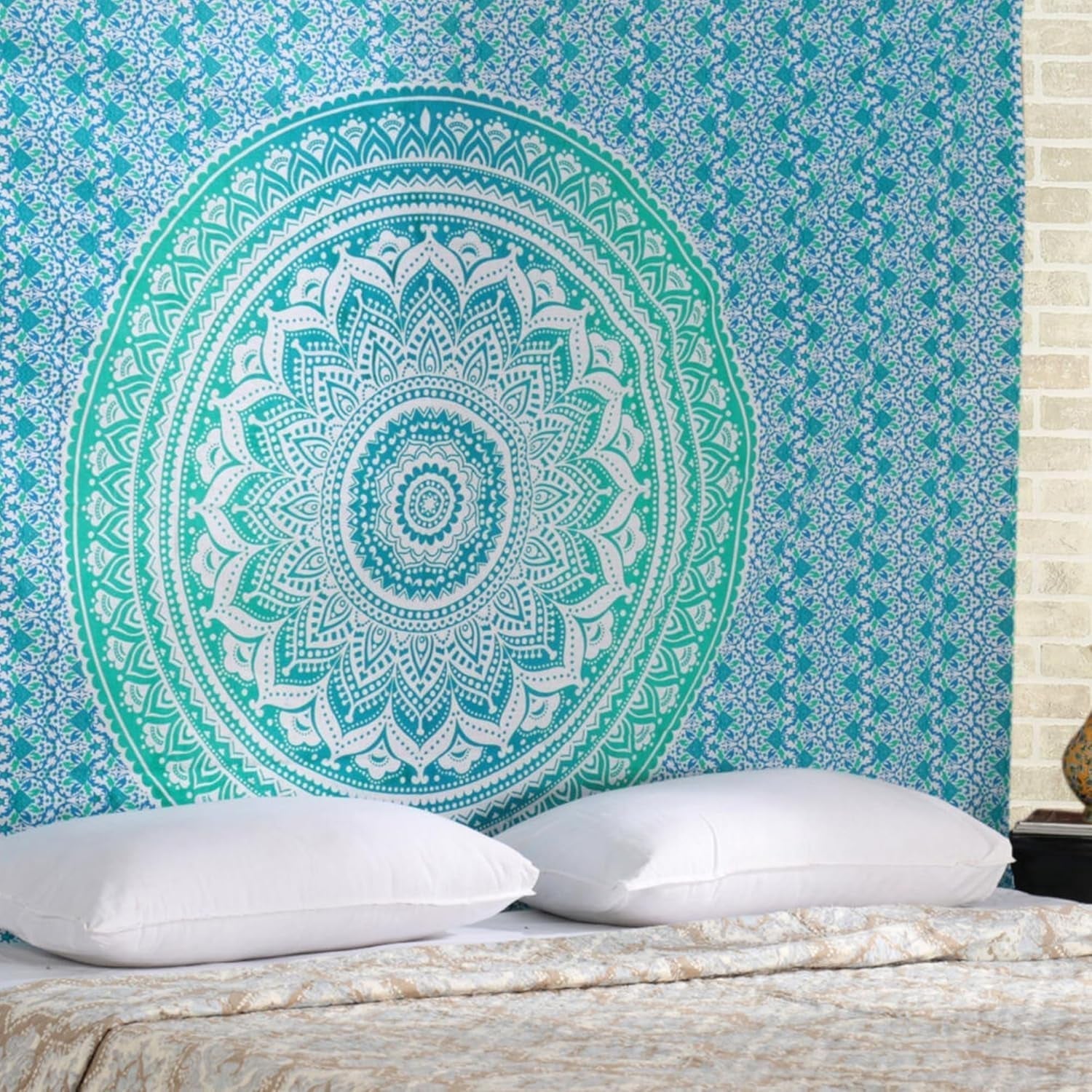 Tapisserie rajrang mandala coton vert d'eau Accueil - Accessoires et Décoration Naty Shop Verts d'eau 76,2L X 101,6B Cm