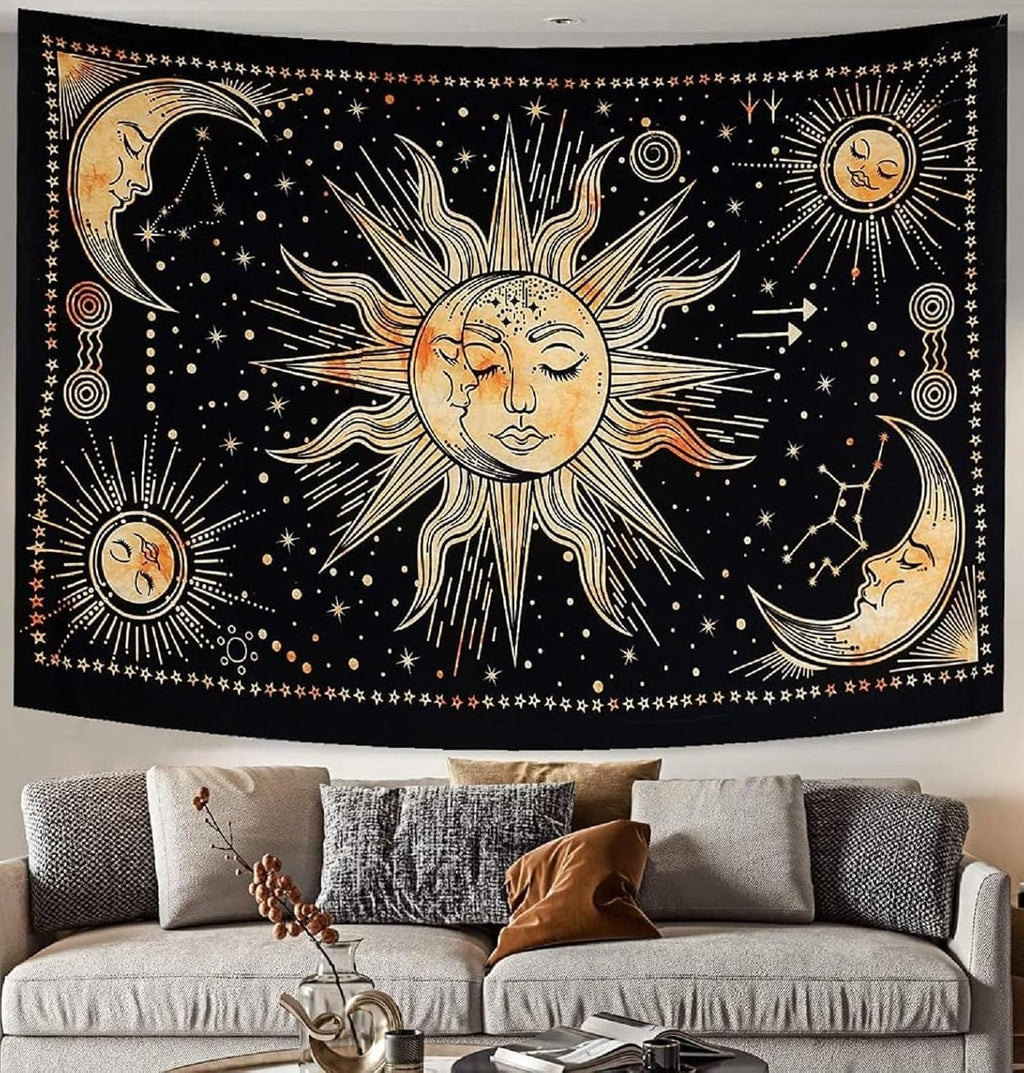 Tapiserie sun moon star spiritual asthetic rainbow bumbac Casa - Accesorii si Decoratiuni Naty Shop Galben 210L X 140B Cm