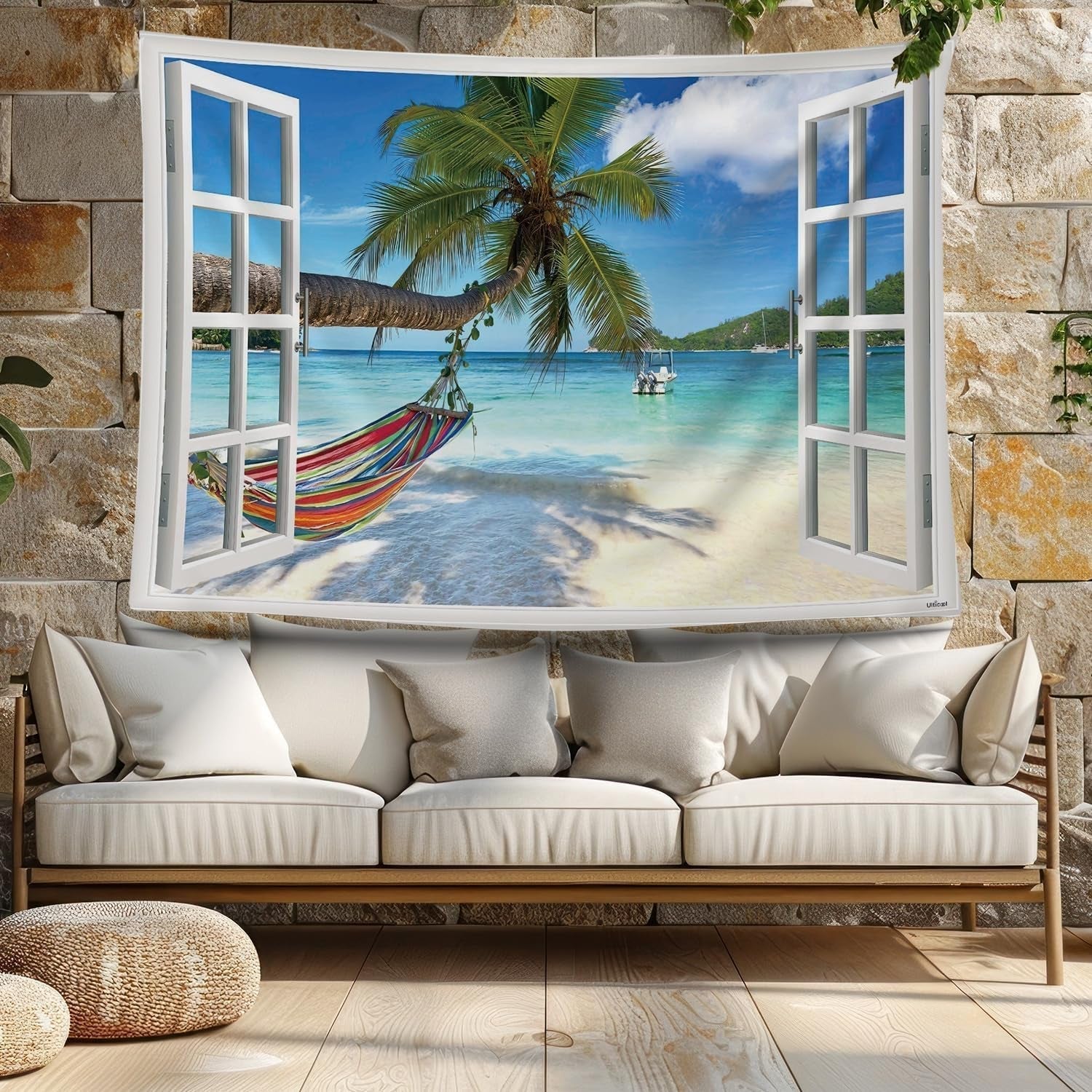 Tapisserie ulticool vue plage mer palmier hamac Accueil - Accessoires et Décoration Naty Shop