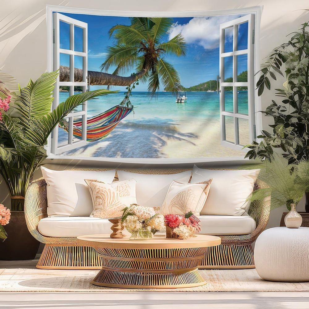 Tapisserie ulticool vue plage mer palmier hamac Accueil - Accessoires et Décoration Naty Shop