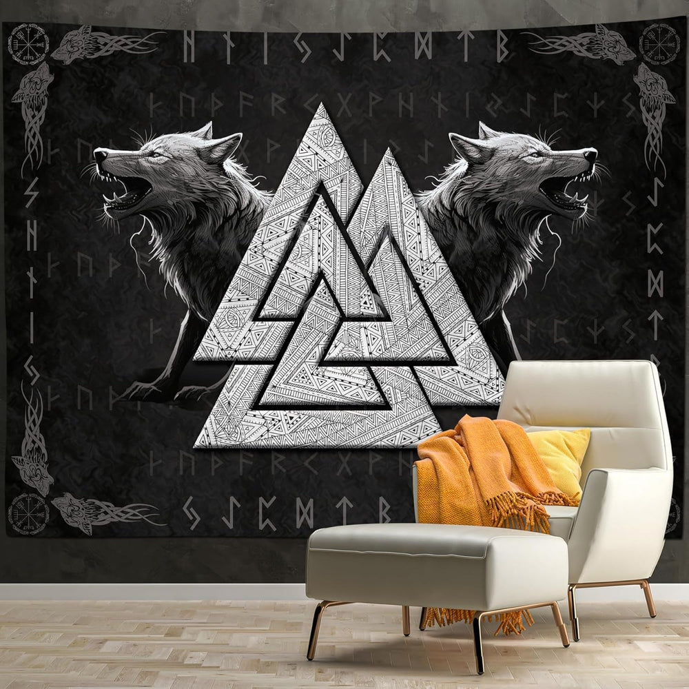 Tapisserie viking loup totem noir blanc méditation runes Maison - Accessoires et Décorations Naty Shop