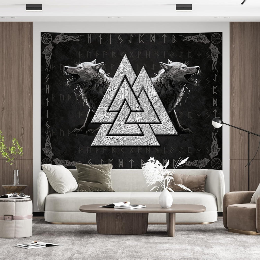 Tapiserie viking wolf totem negru alb meditatie rune Casa - Accesorii si Decoratiuni Naty Shop