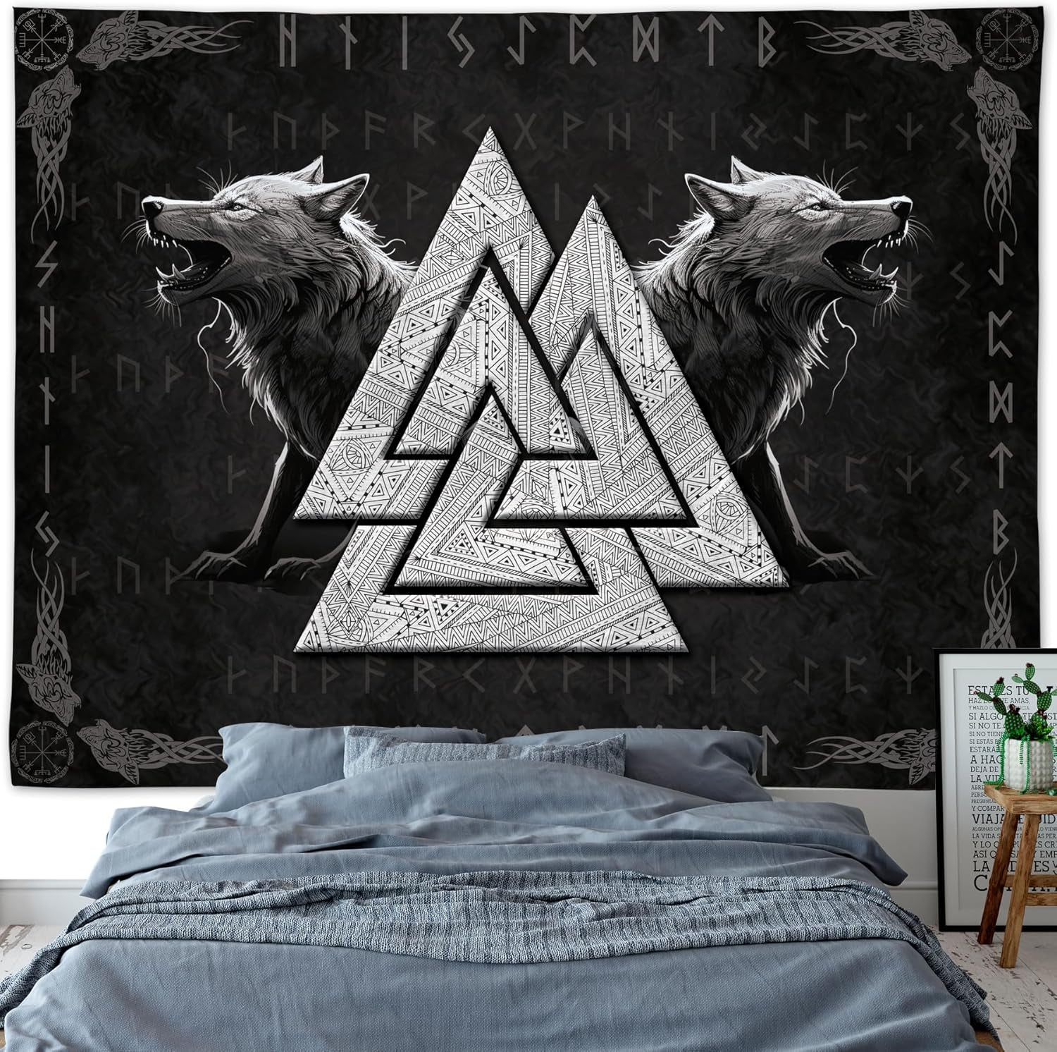 Tapisserie viking loup totem noir blanc méditation runes Maison - Accessoires et Décorations Naty Shop