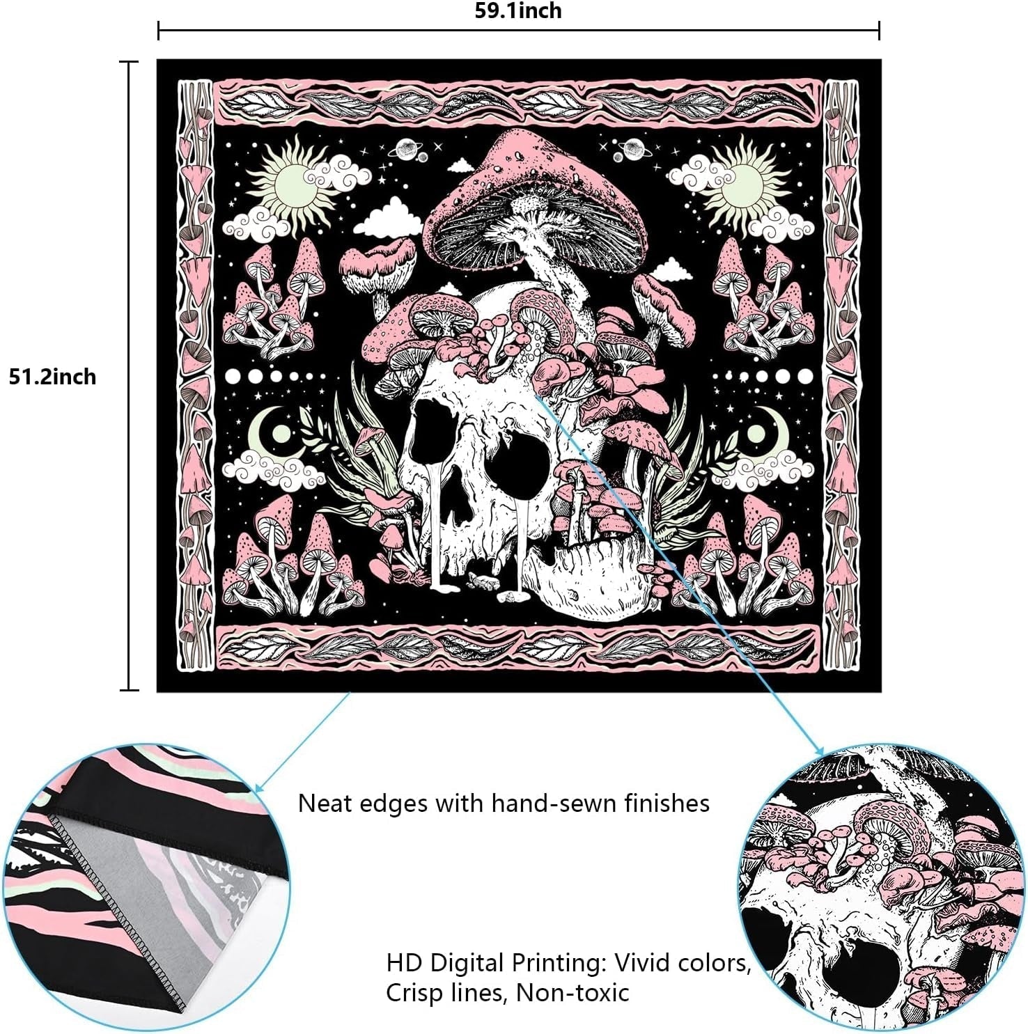 Tapisserie yugarlibi crâne rose champignons squelette Accueil - Accessoires et Décoration Naty Shop