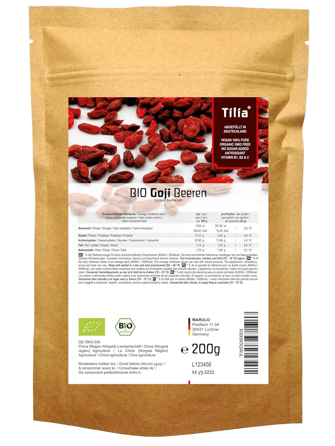 Tilia BIO Baies de Goji 1 kg Naty Shop produits déshydratés 200 G (1 paquet)