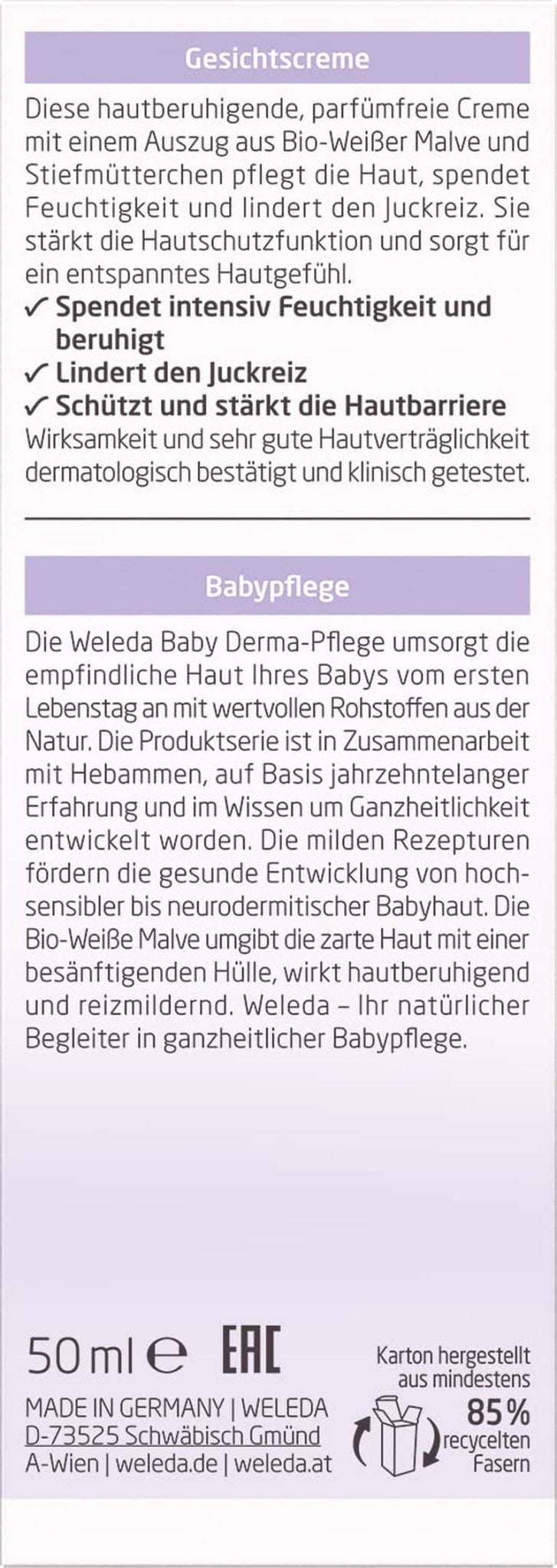 WELEDA Crème Visage Bio Baby Derma Mauve Blanche, crème hydratante pour peaux très sensibles et névrodermites, cosmétique naturelle pour soins intensifs et soulagement des démangeaisons (1 x 50 ml) Enfant - Bains et Soin Naty Shop