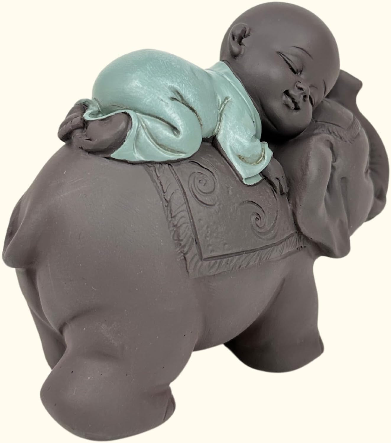 Zen'Light Statue Bouddha Bonze Dormant sur un Éléphant - Ambiance zen dans votre espace sacré - belle figure de bon augure -H 9,5 cm, Marron & Vert Statuettes et sculptures Naty Shop